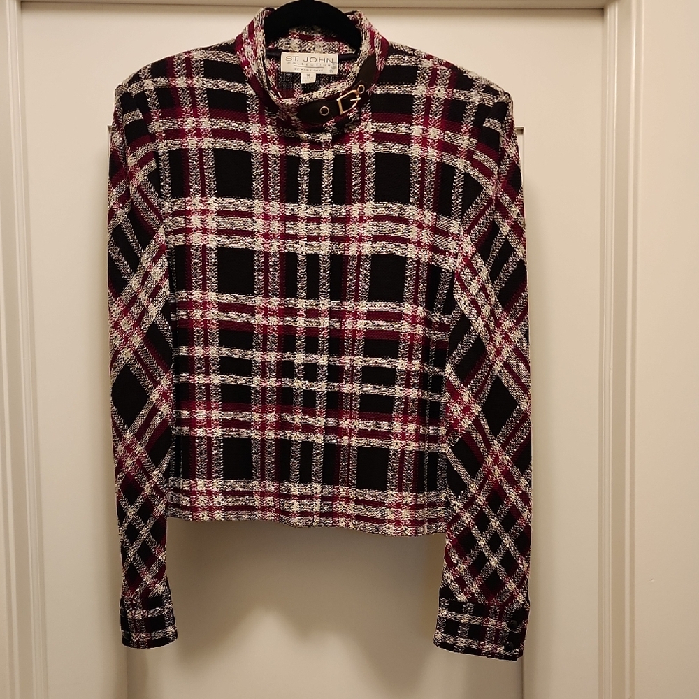 St. John Collection Tartan Blazer in Black, Burgundy, and White